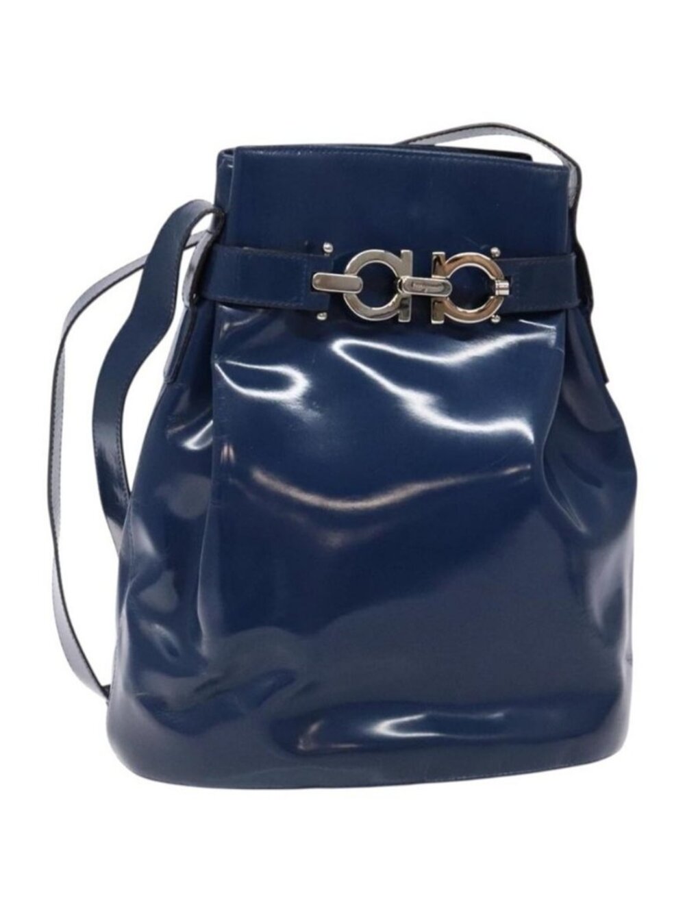 Authentic Salvatore Ferragamo Gancini Shoulder Bag Enamel Blue Silver